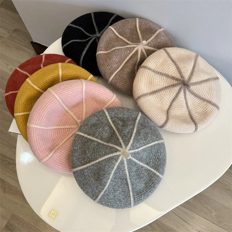 Neue Herbst Winter Baskenmütze Hut Für Frauen Achteckige Kappe Designer Top Qualität Wolle Weiche Warme Gestreiften Beste Abgestimmt Künstler Hut Geschenk – Detail 1