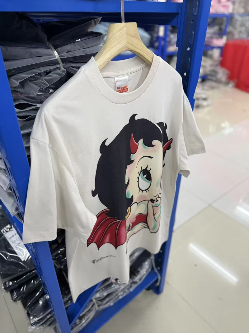 Oversized Little Devil Pattem Saint T-shirts High Street Casual Cartoon Angel Print Short Sleeve Tee Men Women