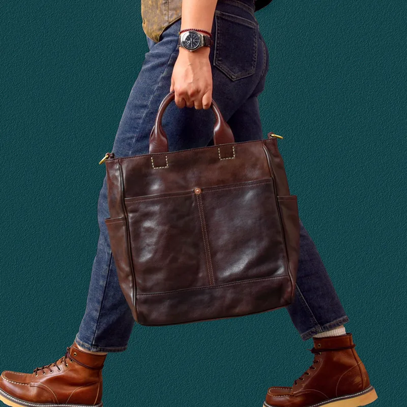 Retro Style Vegetable Tanning Leather Men Handbags Multi-Functional Tote Bag Genuine Leather Portable Crossbody Briefcase