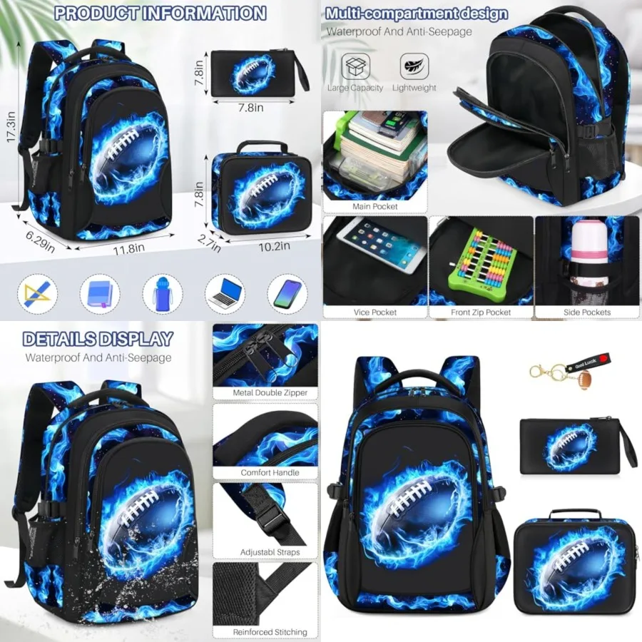 

School Backpacks for Boys - 4pcs American Football Boys Backpacks with Lunch Box Set for Teens Elementary Middle School, 17″ La