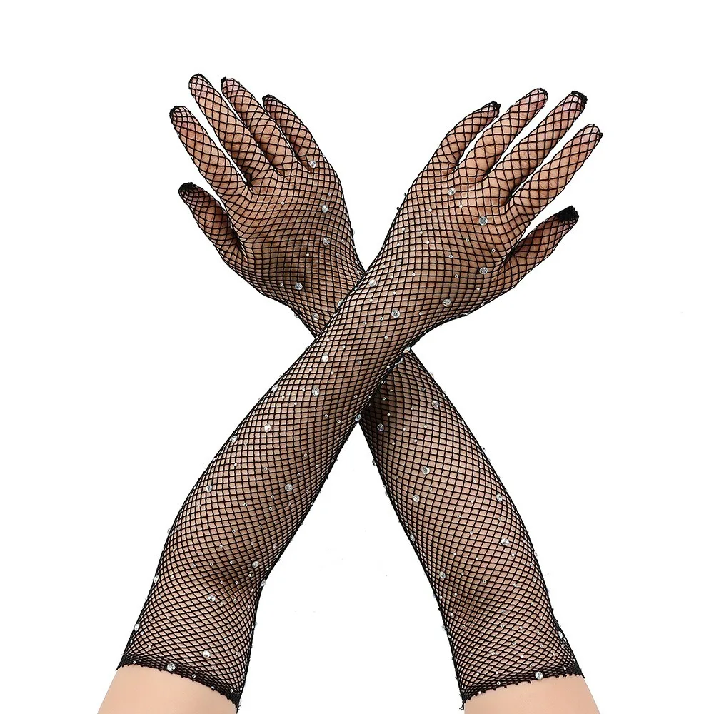 New Mesh Long Mittens Party Dress Cosplay Fishnet Gloves Glitter Rhinestone Punk Hip Hop Performance Gloves Gift