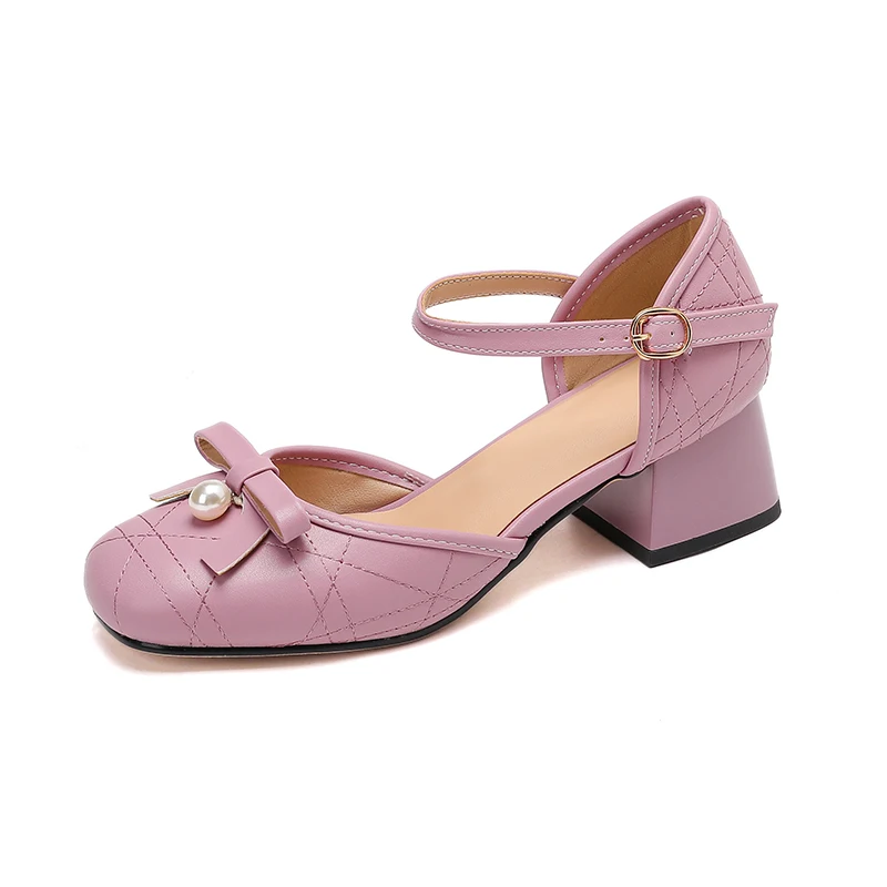 

Новые летние женские туфли-лодочки с ремешком на щиколотке фиолетового, розового и синего цвета, с квадратным носком, с галстуками-бабочками в стиле Лолиты, вечерние туфли на среднем каблуке, Chaussures Femmes