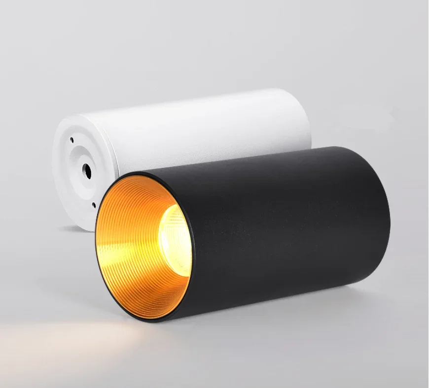 Spot Lumineux LED Cylindrique avec Technologie COB, Montage en Surface, Couleur Or, 7/10/12/15/20W, Idéal pour un Plafond