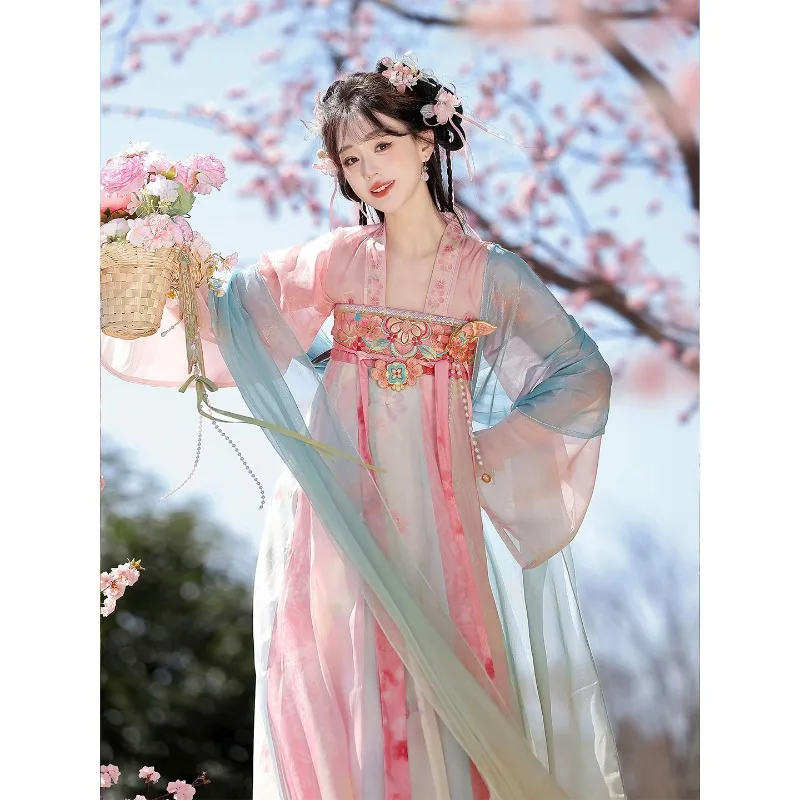Tang Dynasty Gradient Color Broken Skirt Hanfu, Fairy Chest-High Dress for Women