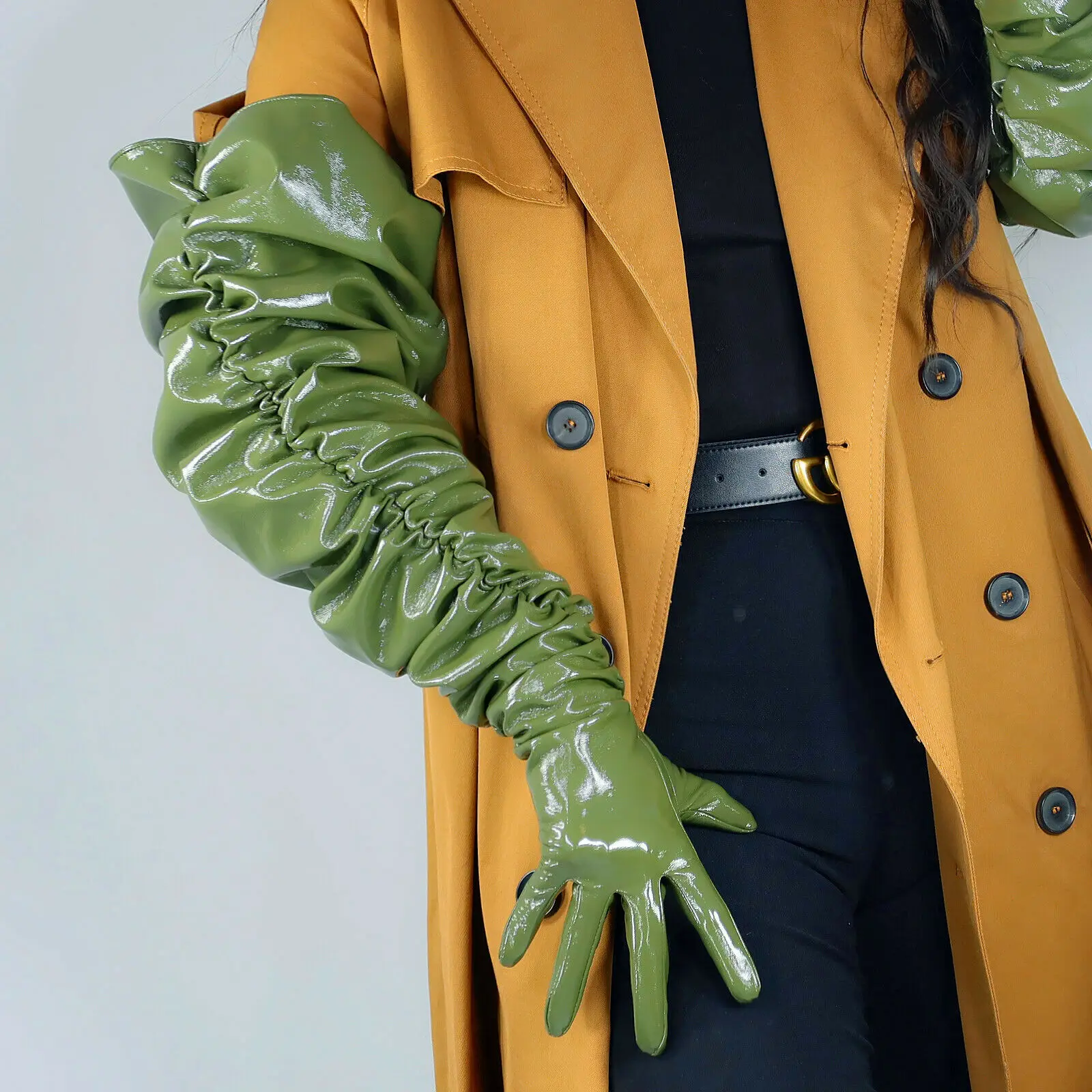 

Oversized LATEX GLOVES Large PUFF Sleeves Unisex Faux Leather Army Green 40" 100cm Extra Long Halloween Costume Evening Cosplay