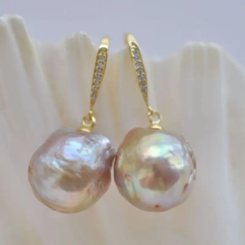 Lustre 10-12mm Almost Round Lavender Pearl Dangle Earring Hoop Gold Gemstone Eardrop Women Art Silver Crystal