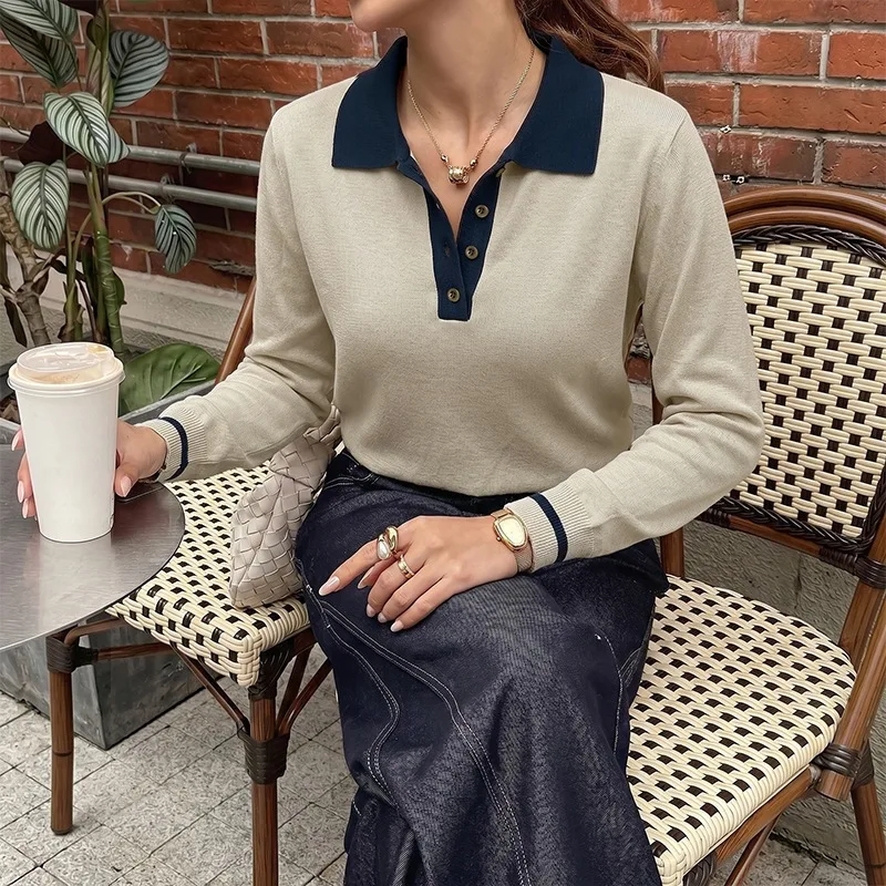 Korean Women's Long Sleeve Polo Shirt Knitted Top Beige Navy Color Block Collar Casual Slim Fit Sweater Vest Old Money Aesthetic