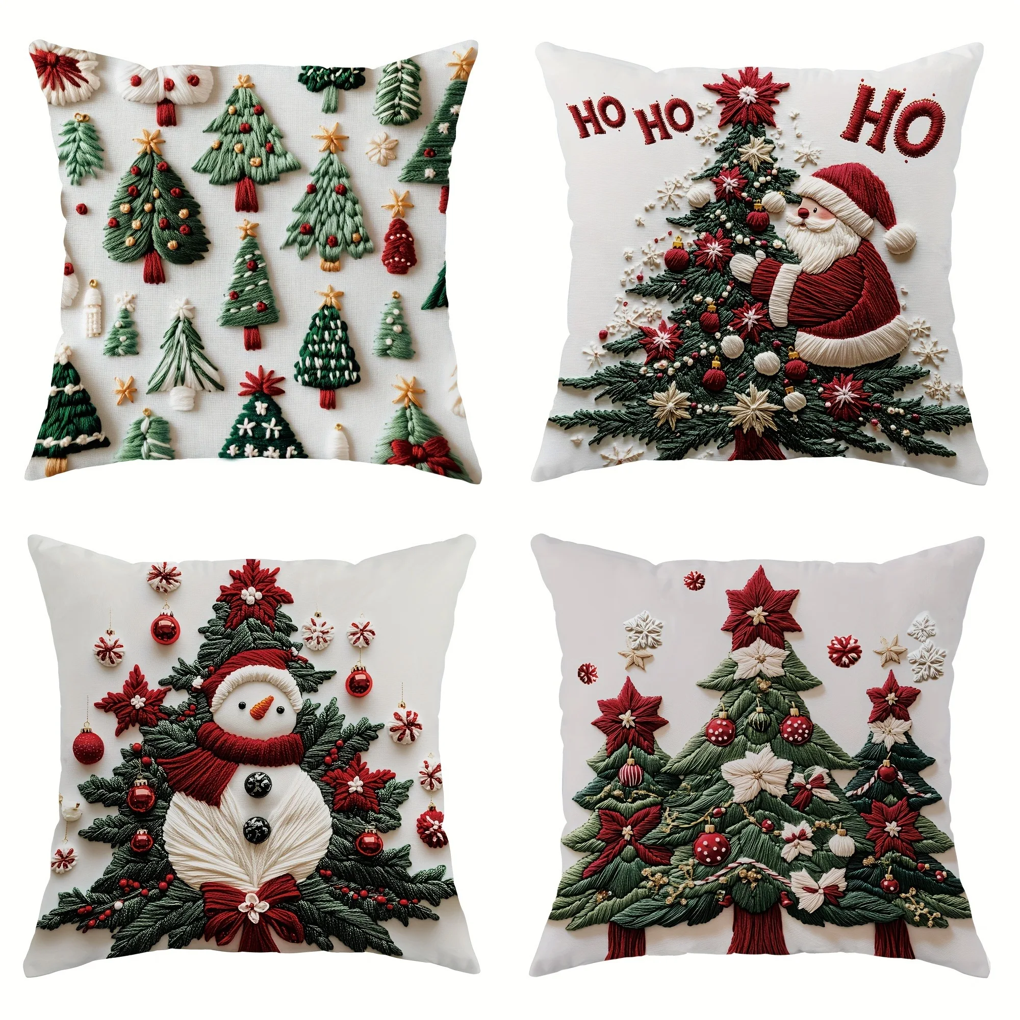 Fundas de almohada festivas bordadas navideñas: Papá Noel, muñeco de nieve y árboles para alegría navideña. Decoración del
