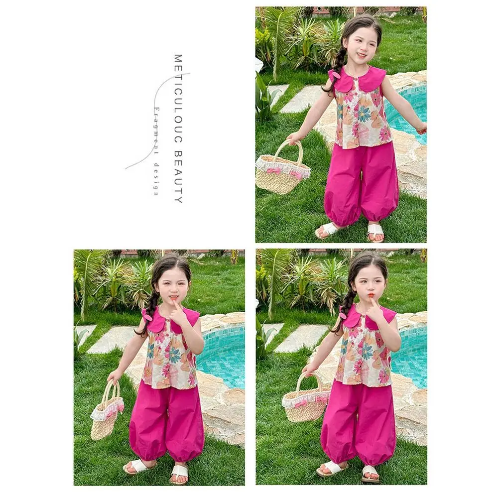กางเกงขากว้างสาวชุดดอกไม้เสื้อยืดสองชิ้นชุดพิมพ์ลายดอกไม้แขนสั้นสบายพลิกคอเสื้อผ้าเด็กชุด