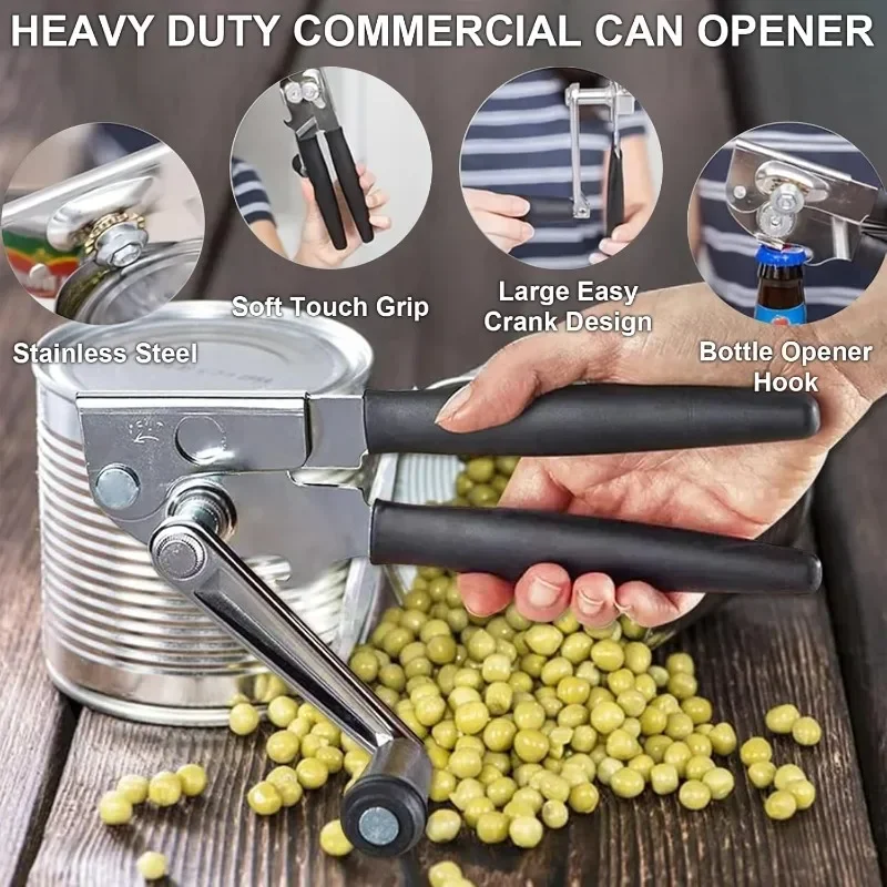 Heavy Duty Handheld Can Opener Manual Stainless Steel with Extra Long Handles for Seniors Kitchen Bottle Opener Tool