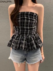 Onalippa Contrast Plaid Tank Top Slash Neck Strapless Back Elastic Ruffles Shirts for Women Korean Pleated Sleeveless Tops