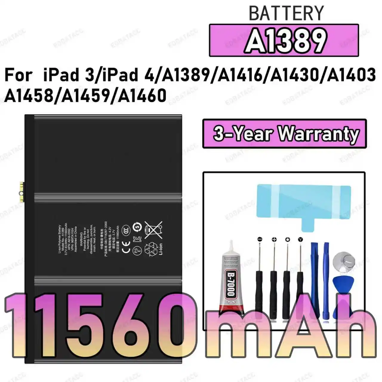 

100% New High Quality A1389 11560mAh Battery For IPAD 3/ipad 4/A1416/A1430/A1403/A1458/A1459 Tablet Battery Bateria+Free Tools