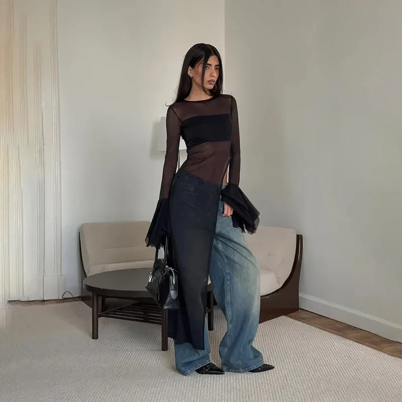 DSMTRC femmes voir à travers col rond pull taille haute Robes maille épissure manches évasées robe irrégulière dame élégante mince Robes