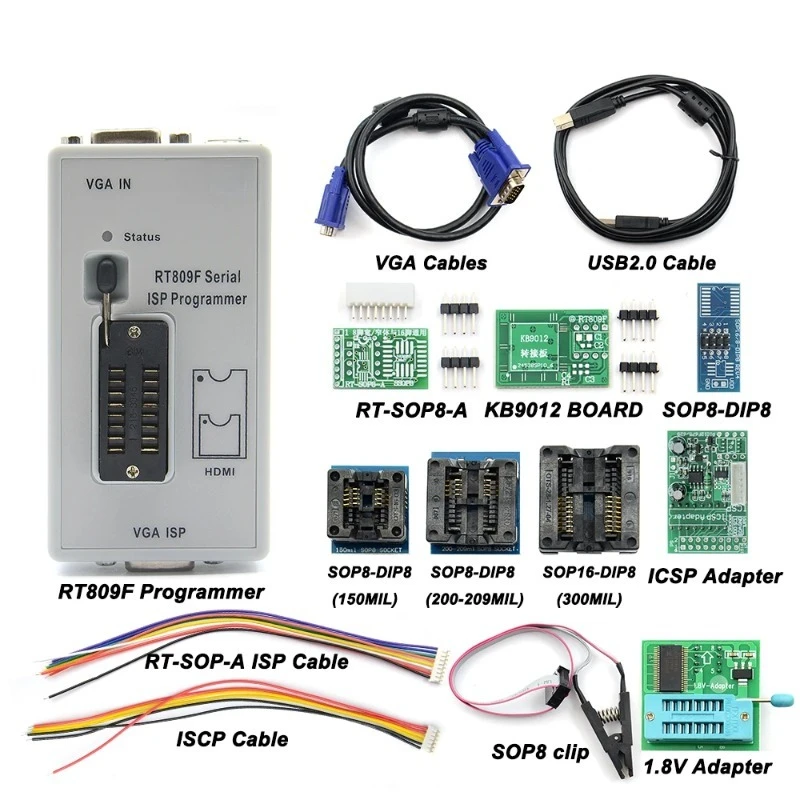 RT809F ISP Serial Chip Writing Device 11 12 16 Adapters 1.8V SOP8 Test Clip EDID Fast Program Equipment