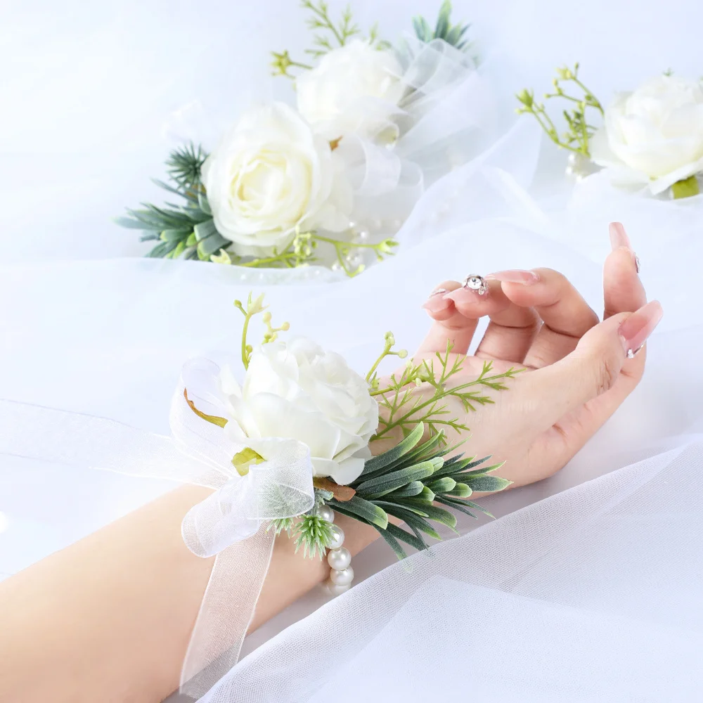 Wedding Chest Flower, Groom Bride Wedding Bridesmaid Wrist Flower, Wedding Accessory, Rose Ribbon Simulation Flower, Wreaths