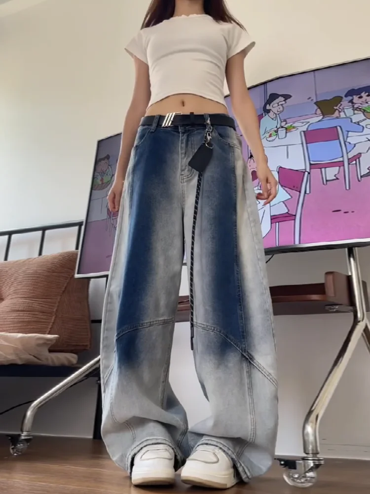 

Женские джинсы, винтажный модный стиль, женские джинсовые джинсы с высокой талией и карманами контрастного цвета, свободные широкие брюки, брюки большого размера