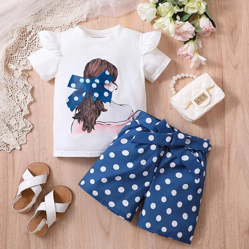 

Summer Kids Clothes Sets Girls Casual Cartoon Girl Print Short Sleeve T-shirt Top + Polka Dot Shorts Children Two-piece Clothing