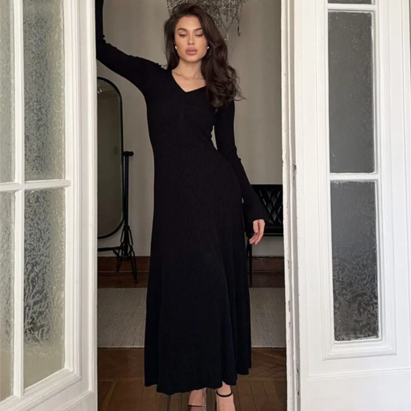 

Ticketsx Retro V-neck Knit Dress Solid High Waisted Slim Long Sleeve Maxi Dress Elegant High Street Office Women Commute Dress