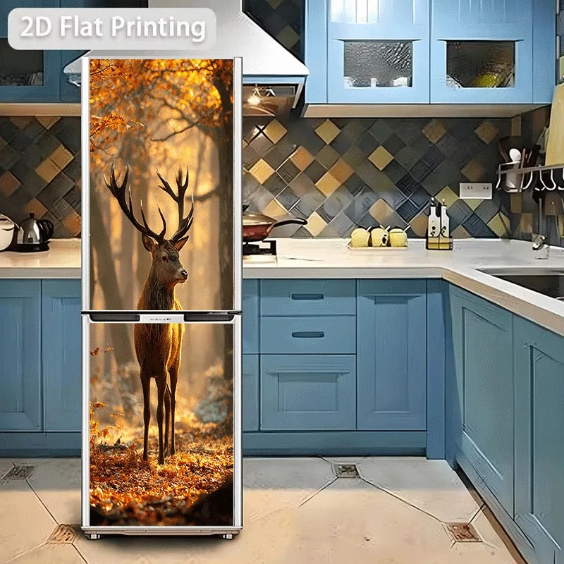 Refrigerator Sticker  Refrigerator Dishwasher Sticker, Forest Light Reflection Deer, Autumn Forest Deer Shadow, Morning Forest