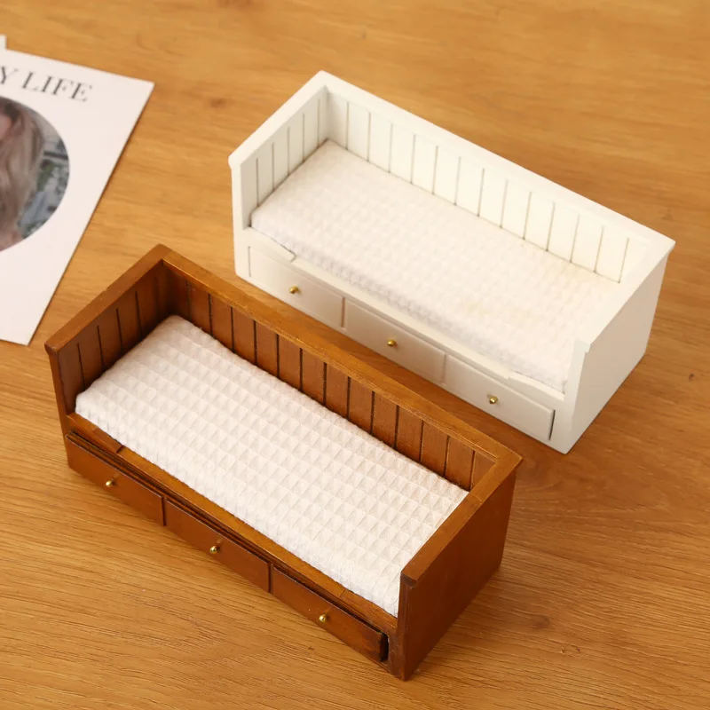 1:12 Dollhouse Walnut Vintage Single Bed Retro Wooden Bedroom Furniture Scale Miniature Mini Scene Model Decoration
