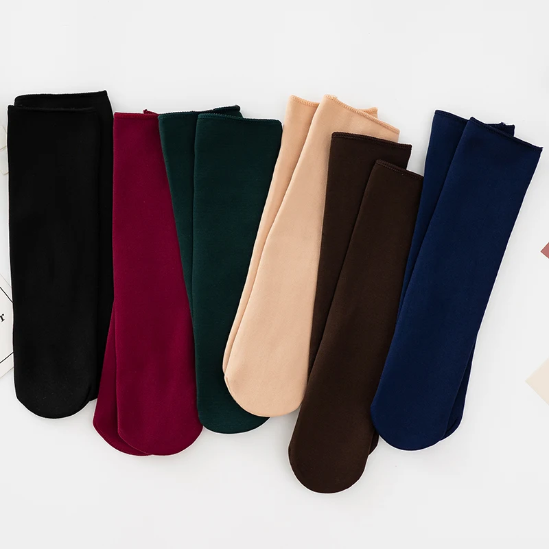 Chaussettes thermiques épaisses pour femmes, chaussettes de neige sans couture, chaussettes en velours, laine, cachemire, peau noire, monochrome,