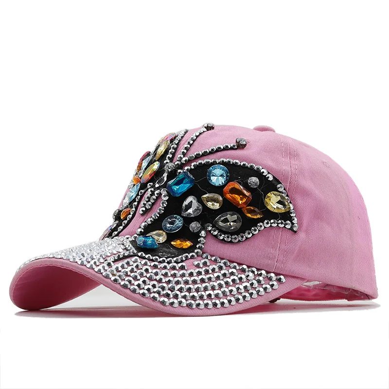 

Baseball Cap Women Full Crystal Colorful Big Butterfly Hat Denim Bling Rhinestone Snapback Caps Casquette New Red Summer hats