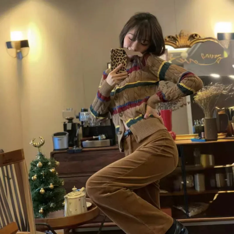 RL لورين قوس قزح مخطط محبوك سترة معطف المرأة الخريف الشتاء موضة خمر نمط كم طويل الخامس الرقبة سترة مفتوحة