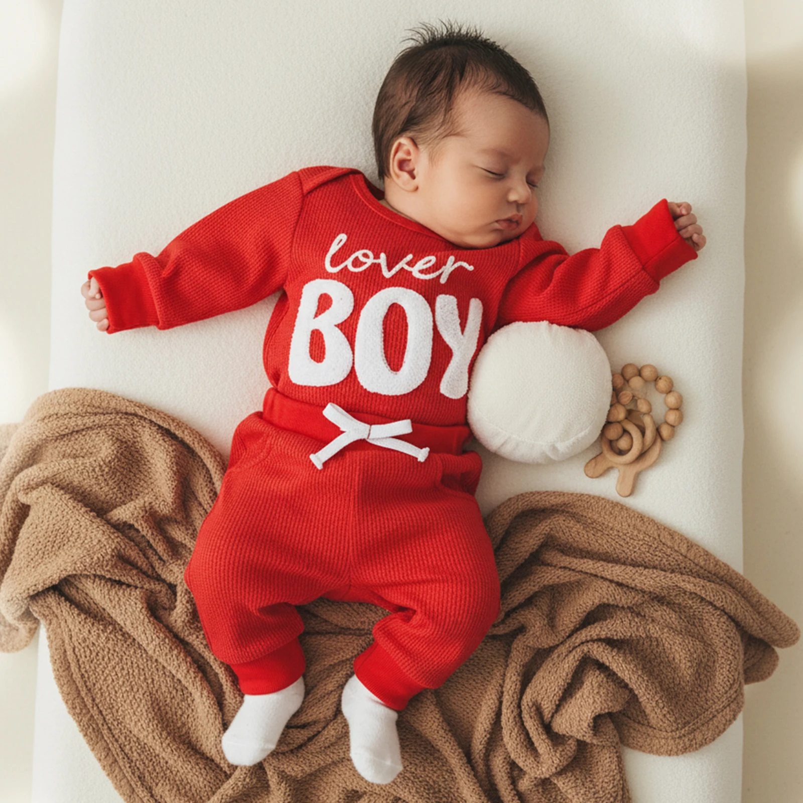 

Baby Boy Valentine's Day Clothes Letter Embroidery Long Sleeve Romper Waffle Long Pants 2 Pcs Outfit