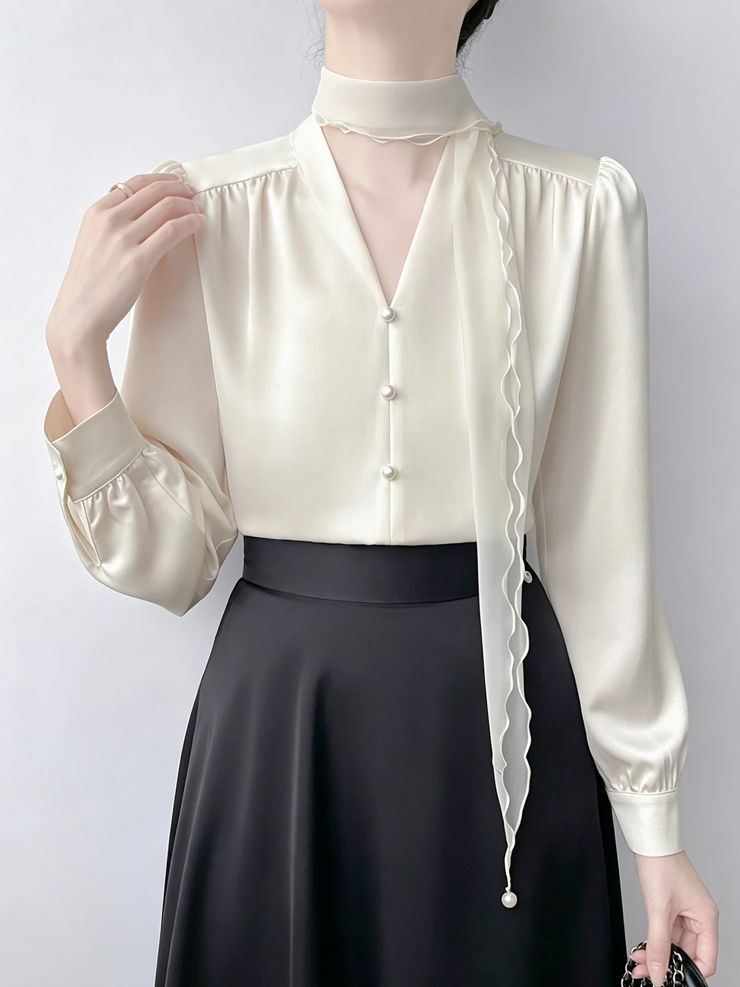 Korean Style V-Neck Long Sleeve Shirt Women's Fashionable Detachable Sash Design Spring Autumn Season Polyester Fiber Blouse