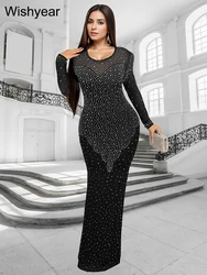 Wishyear Elegant Party Wedding Prom Rhinestones Mesh Long Sleeveless Dresses for Women Luxury Evening Crystal Gown Birthday Robe