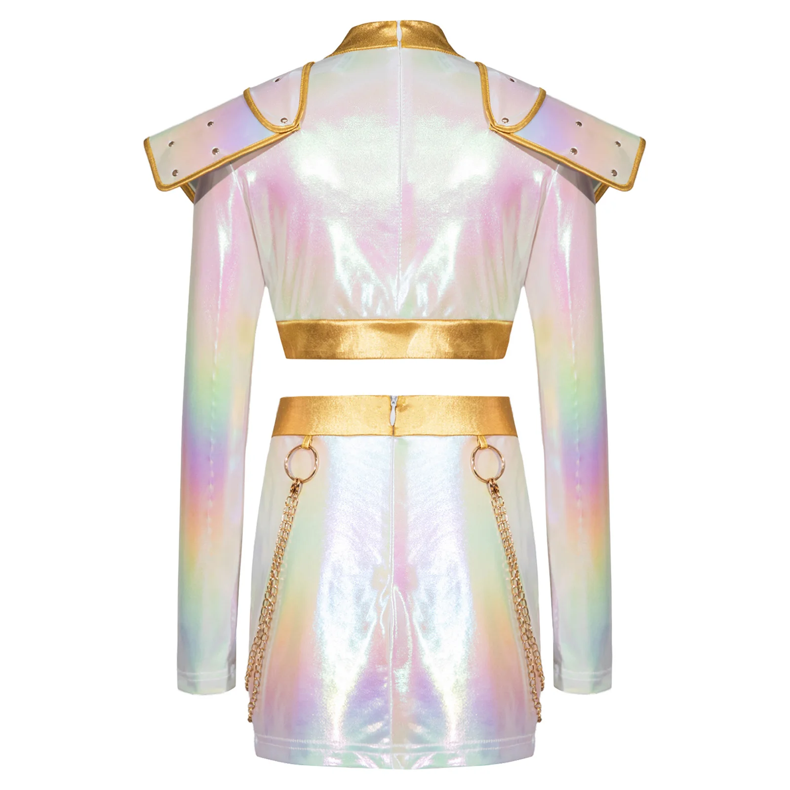 Vestito cosplay per personaggi anime per ragazze, lucentezza iridescente, collo finto, manica lunga, retro, top corto invisibile e gonna con catene in vita