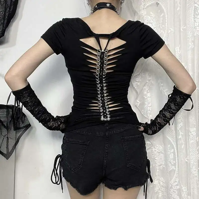 

Gothic Hollow Out Back Short Sleeve Women's T-Shirt Knitted Top Transparent Base Shirt Spring Summer New Arrival
