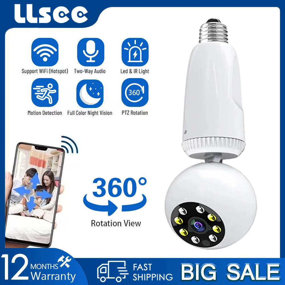 Llsee, HD, 5MP, กล้องนิรภัย IP เด็กในร่ม, กล้องวงจรปิดระบบไวไฟ, กล้องฟิชอาย E27หลอดไฟ, การสื่อสารสองทาง, Night V