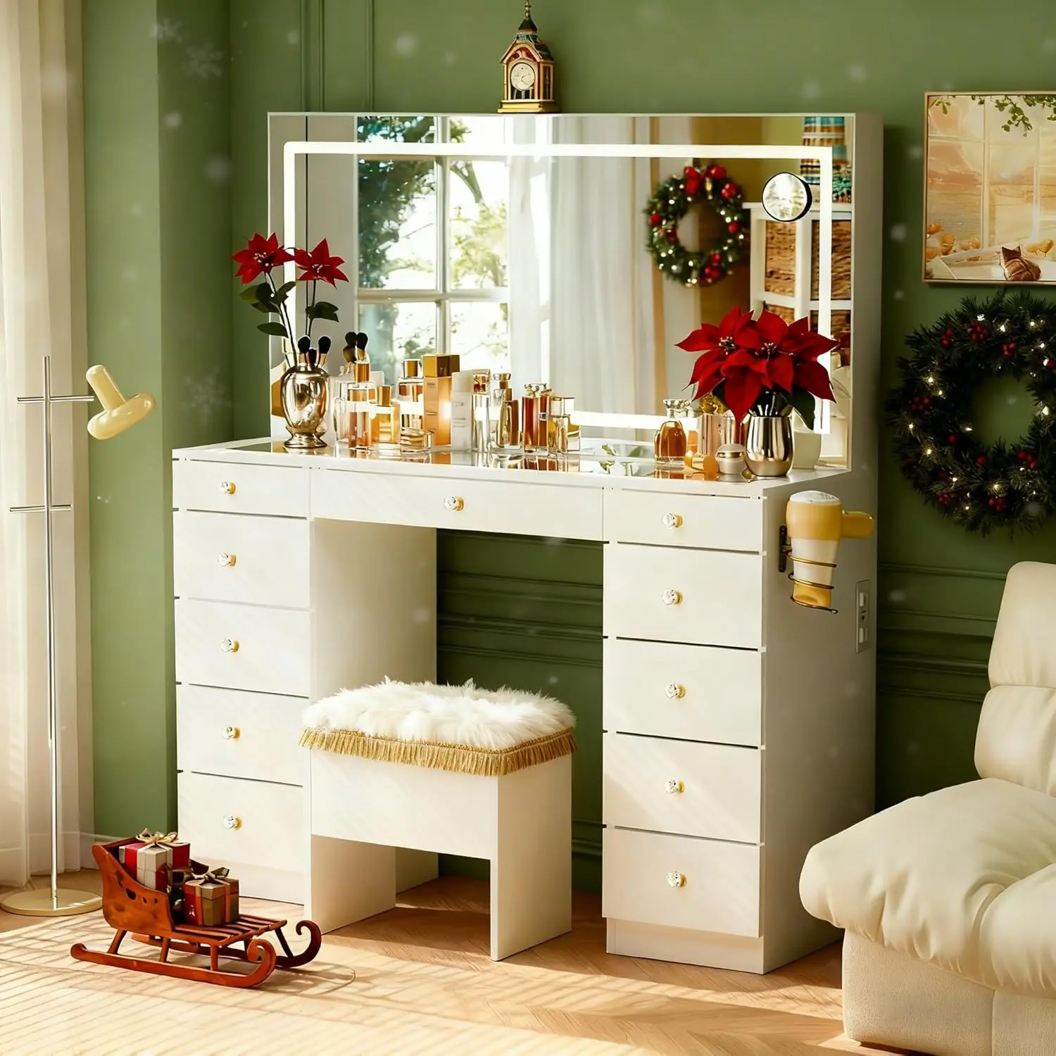 White Glass Top Vanity Desk with Crystal Handles, 11 Drawers, Mirror, Stool, 3 Lighting Modes, Power Outlet & Silent Slides view 2