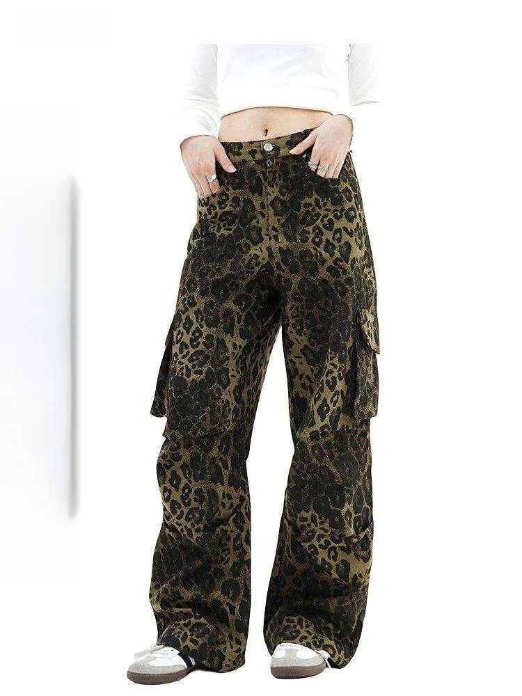 

High Waist Wide Leg Loose Work Pants Women's Leopard Print Street Sle Casual Trousers Faionable Cotton Trousers