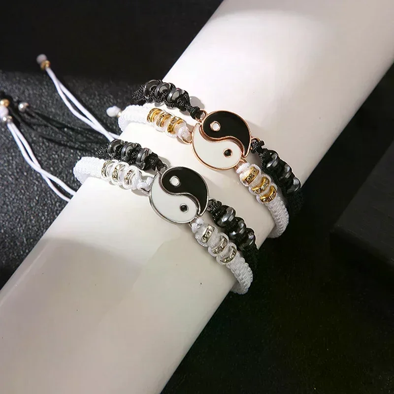 Tai Chi Yin Yang Couple Jewelry Set, Adjustable Braid Chain, Bracelet, Necklace, Matching Choker, Pendant for Lovers, 2Pcs