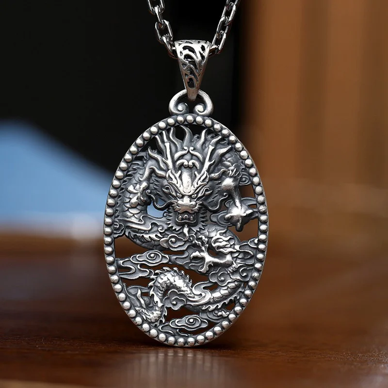 Retro Dragon Pendant Necklace For Men Jewelry Vintage Hollow Animal Necklaces Silver 925 Male Neck Chain Accessories Gift