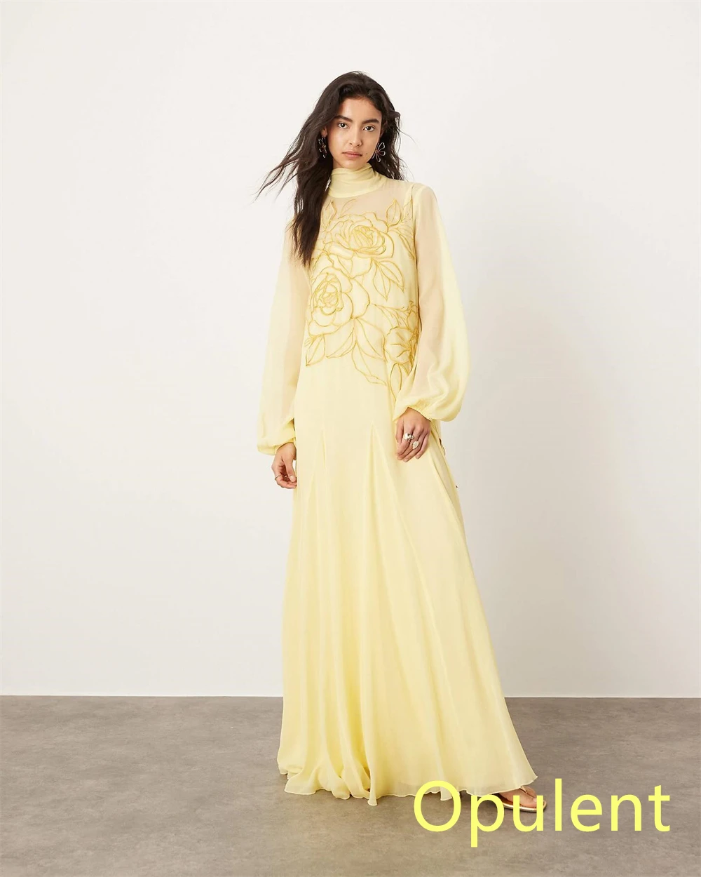 Customized  Exquisite Yellow Chiffon Evening Dress High Collar Long Sleeves Celebrity Gowns Vestido De Festa Appliques image 4