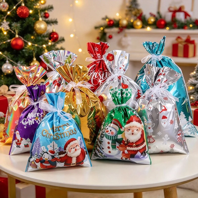 Bolsa de regalo navideña con cordón, ideal para dulces, reutilizable, para fiestas navideñas, como detalle para los invitados, saco de Papá Noel para decoración del hogar.