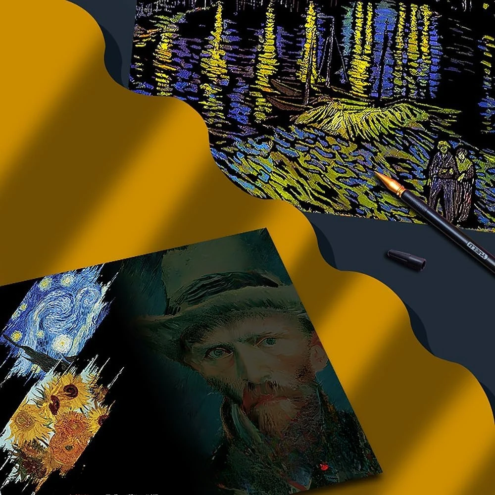 أربعة أوراق مطلية بألوان قوس قزح، مصنوعات يدوية منحوتة من فان جوخ، بطاقات رسم للأطفال والكبار - تراس المقهى الليلي