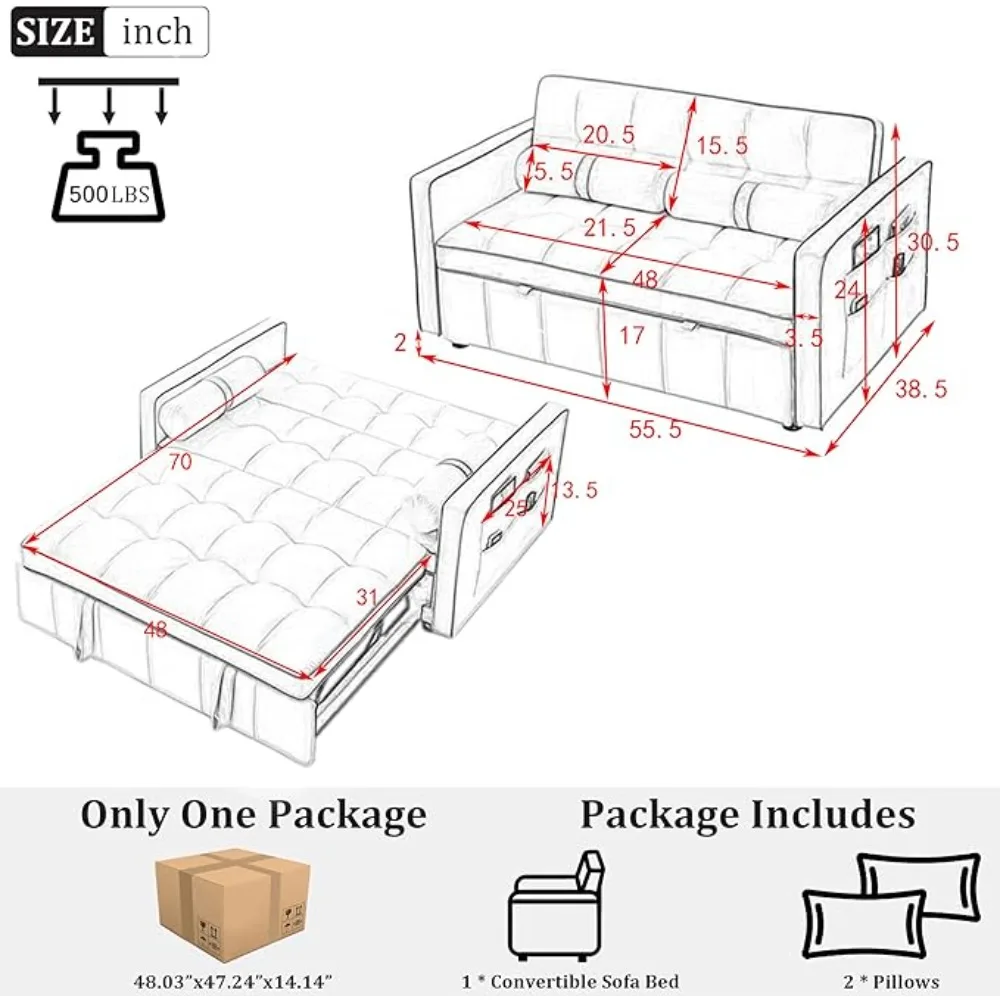 3 in 1 Pull Out Convertible Sofa Bed with USB Ports - 55