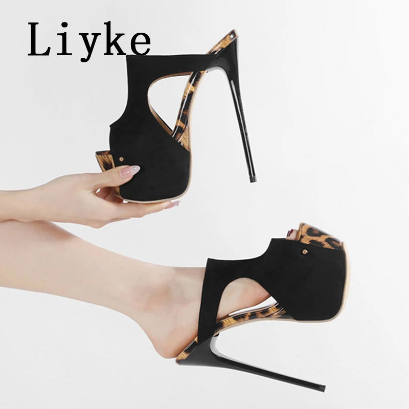 Liyke Street Style Women Sexy 6CM Platform Slippers Sandals Summer Leopard Print Peep Toe Super High Heels Party Stripper Shoes
