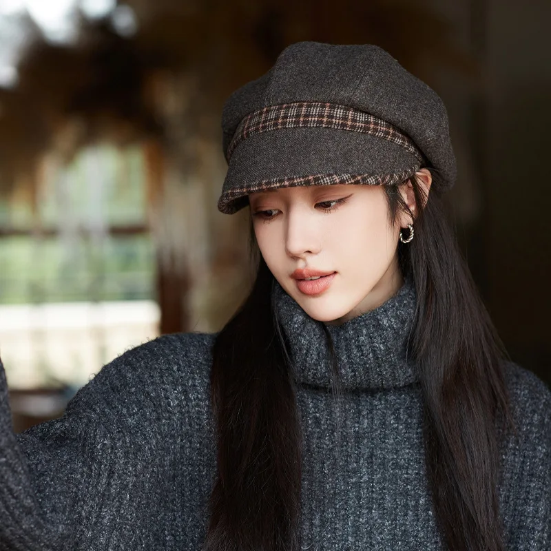 Autumn and winter new fashion hat Women's casual octagonal cap Retro temperament newsboy cap Tweed beret Thickened wool cap