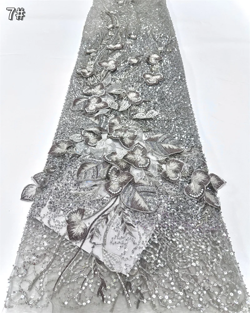 

African Lace Fabric 2025 High Quality French 3D Flower Gary Embroidery Beads Sequins Tulle Lace Fabric For Party Dress