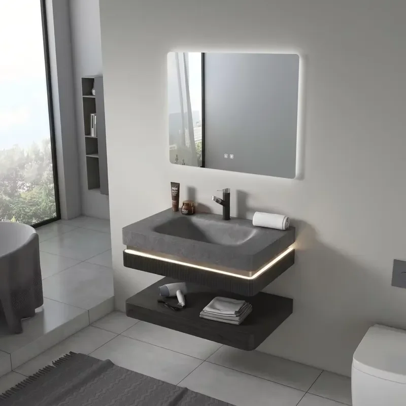Modern Wholesale Hotel Home Smart LED Mirror OEM ODM Slate Stone Basin Wall Mounted Bathroom Cabinet Vanity Bathroom