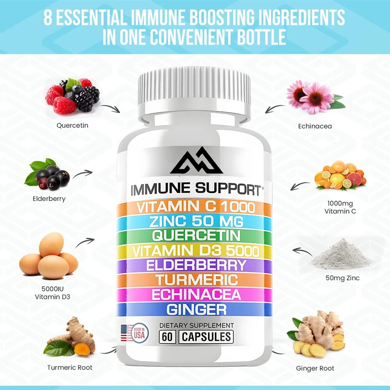 

8-in-1 immune 60 capsule vegetarian capsules support quercetin, zinc, vitamin C, D3, and elderberry, echinacea, and ginger