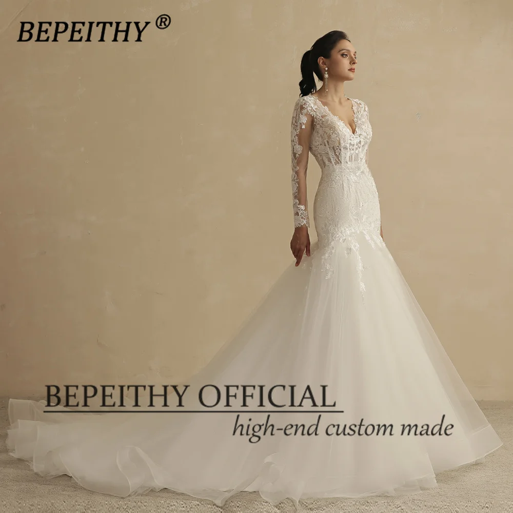 BEPEITHY Customized Vintage V Neck Trumpet Wedding Dresses For Women 2022 Full Sleeves Court Train Lace Boho Bride Bridal Gown