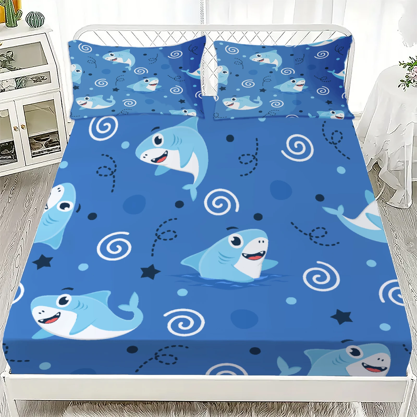 3pcs Fitted Sheet Set Shark Swirl Stars Dots Ocean Wrinkle Resistant Breathable Bed Sheet With Pillowcases For Bedroom Decor