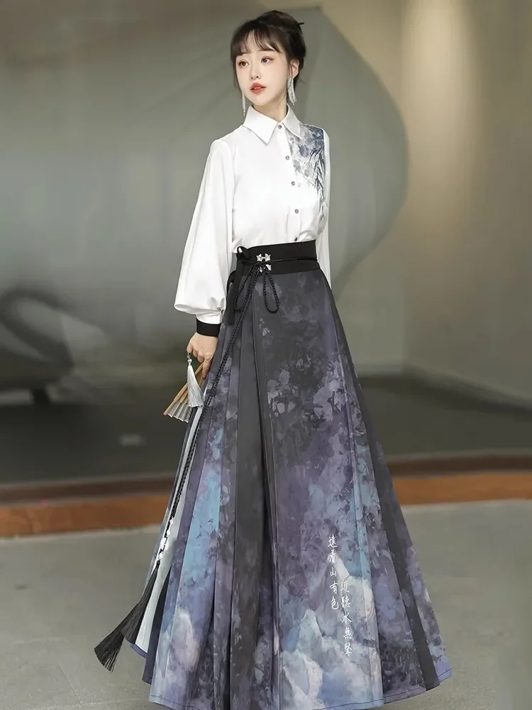 Schaduw Originele Ming Hanfu Dames Nationale Stijl Nieuwe Chinese Inkt Shirt Met Paard Gezicht Rok Dagelijks Woon-Werkpak Lente