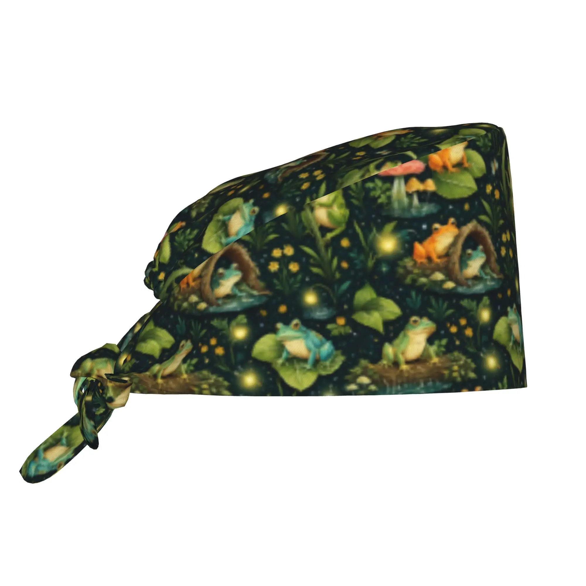 Pond Frogs and Fireflies Scrubs Cap Surgical Hats Men Women Cute Animal Lover  Operating Room Cap Operator Hats Lab Works Hat